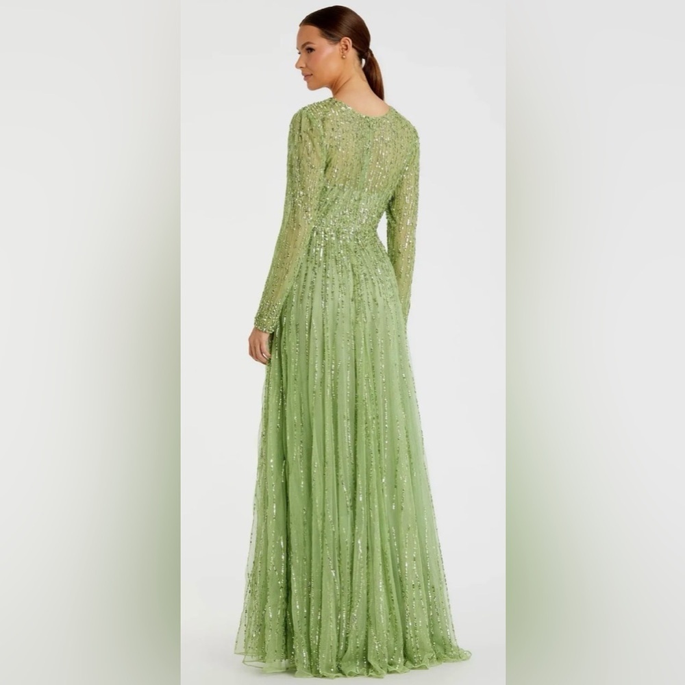 NWT| 5636 Sage Green Illusion High Neck Long Sleeve Embellished Gown Size 10 - Picture 4 of 15